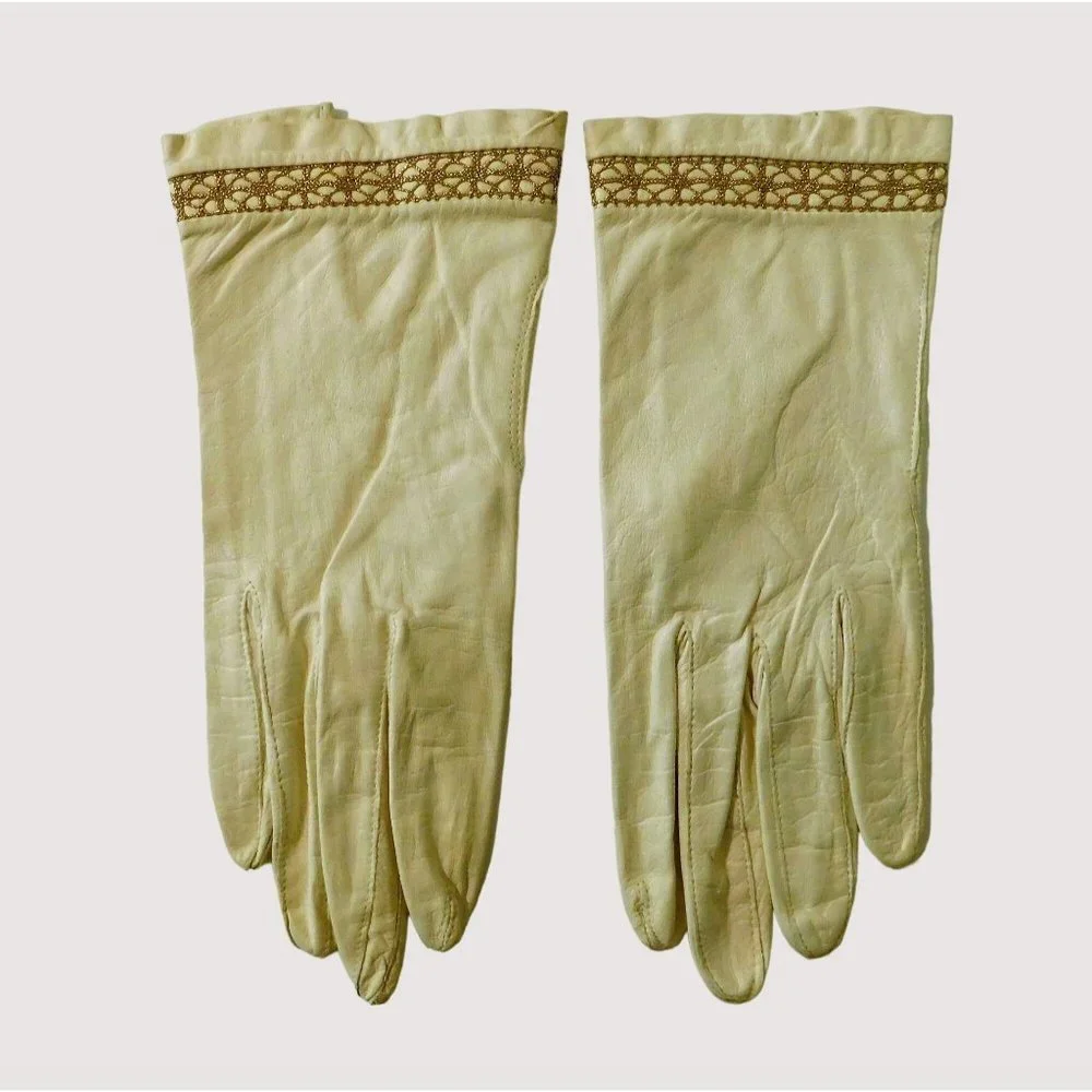 Vintage Leather Gloves Small Cream Gold Stitching Trim Theatre Wedding Parties